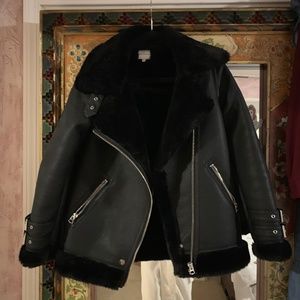 Black Faux Leather Shearling Moto Biker Jacket